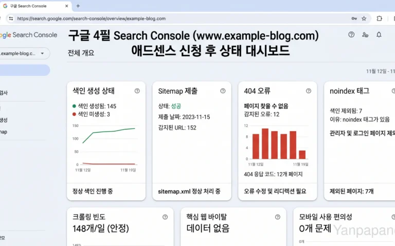 AdSense 신청 후 Search Console 상태를 살펴본 참고 이미지