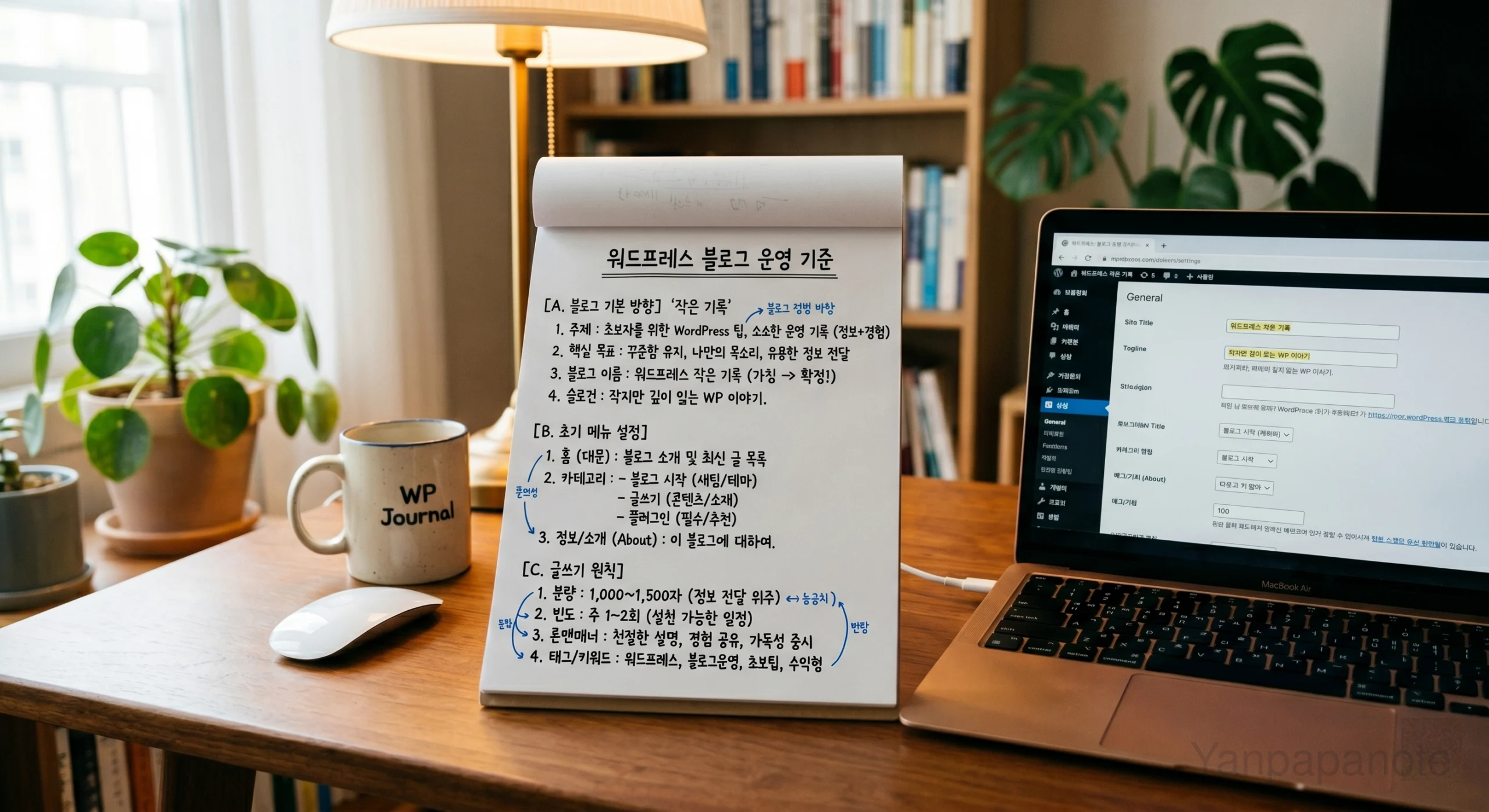 WordPress 새 블로그 운영 기준을 정리한 노트 이미지