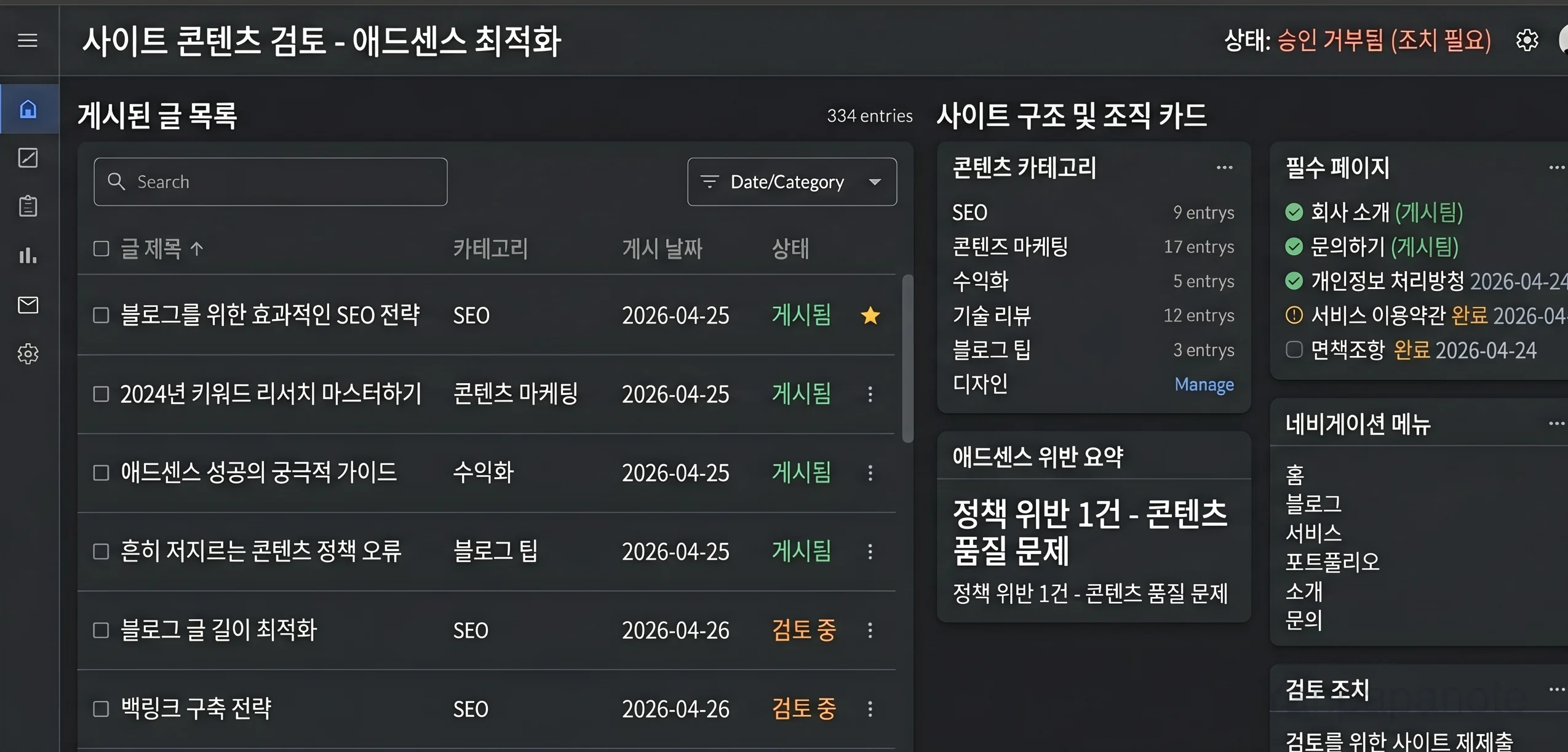 AdSense 실패 후 공개 글 구성을 점검한 이미지