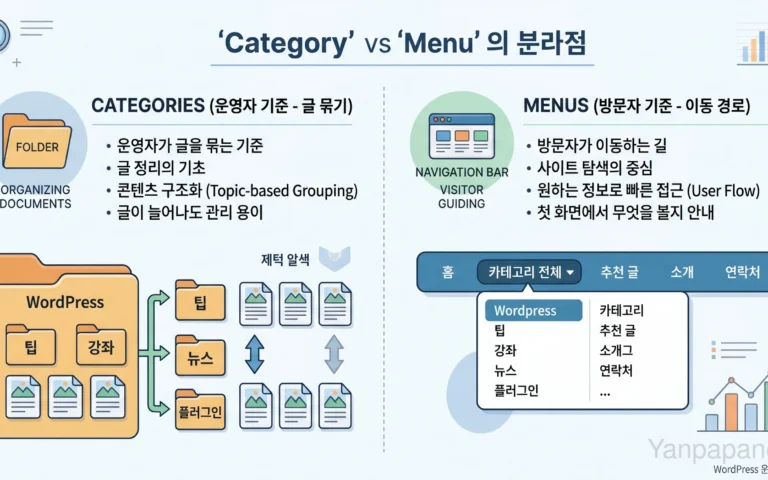 워드프레스 카테고리와 헤더 메뉴 구조를 분리해 정리한 이미지