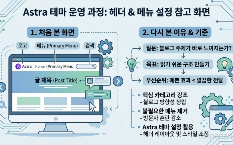 Astra 테마 헤더와 메뉴 구조를 정리한 워드프레스 이미지