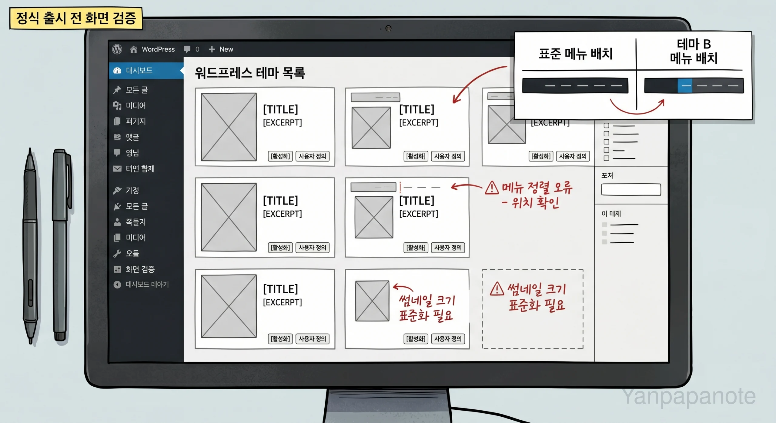 WordPress 테마 목록 화면을 검증한 참고 이미지