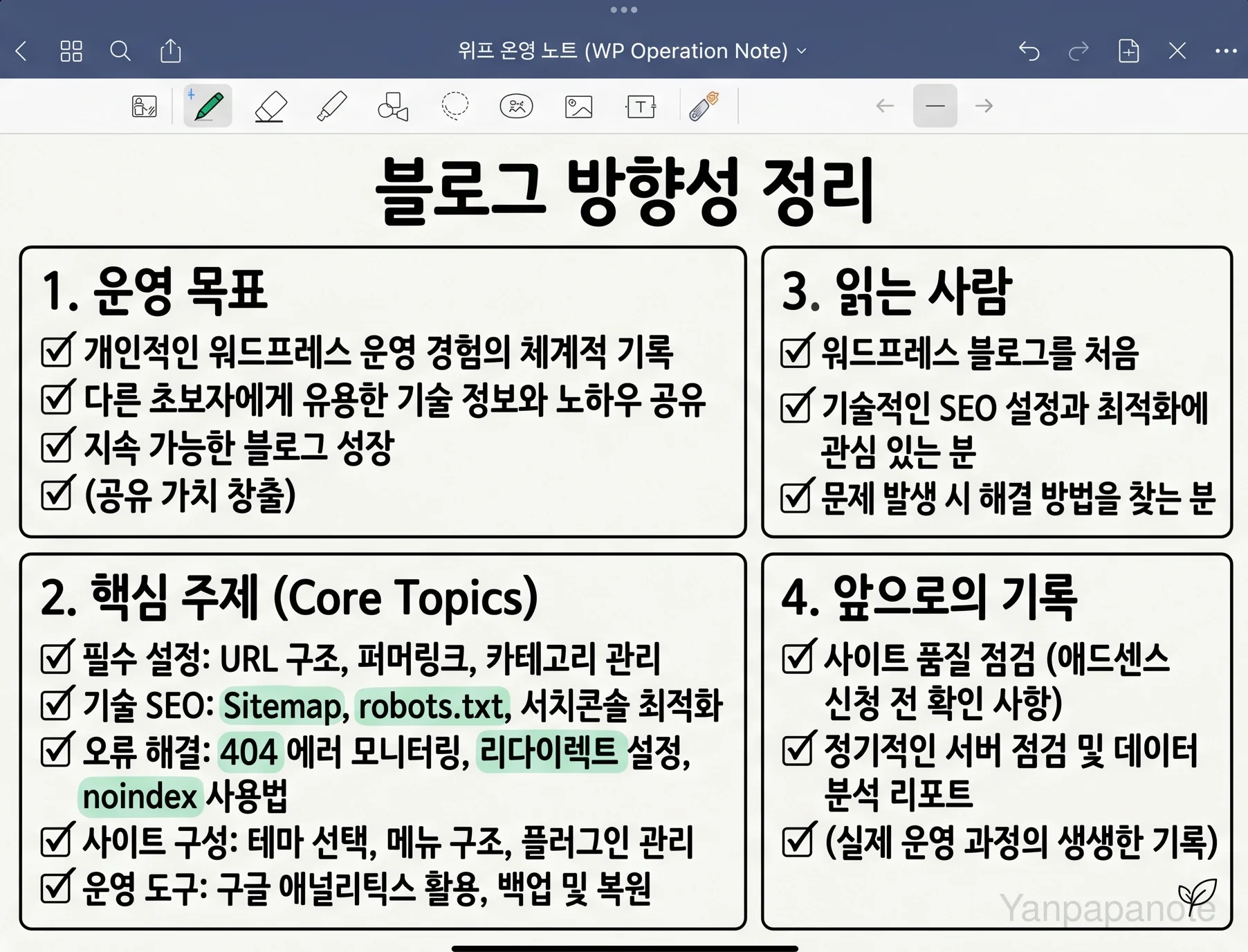 WordPress 운영 기록 블로그의 방향을 정리한 이미지